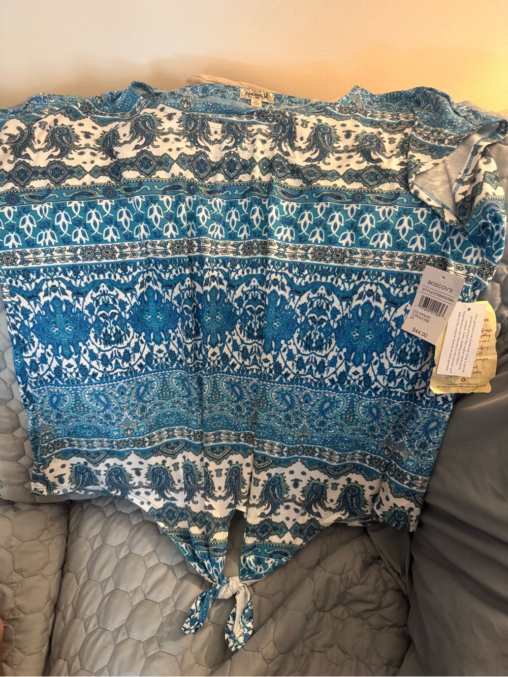 ONE WORLD Teal & White Paisley Tie-Front Top